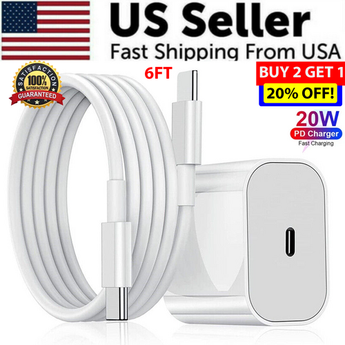 20W USB C Super Fast Charger PD To Type C Cable For iPhone 15, 16, 17, iPad